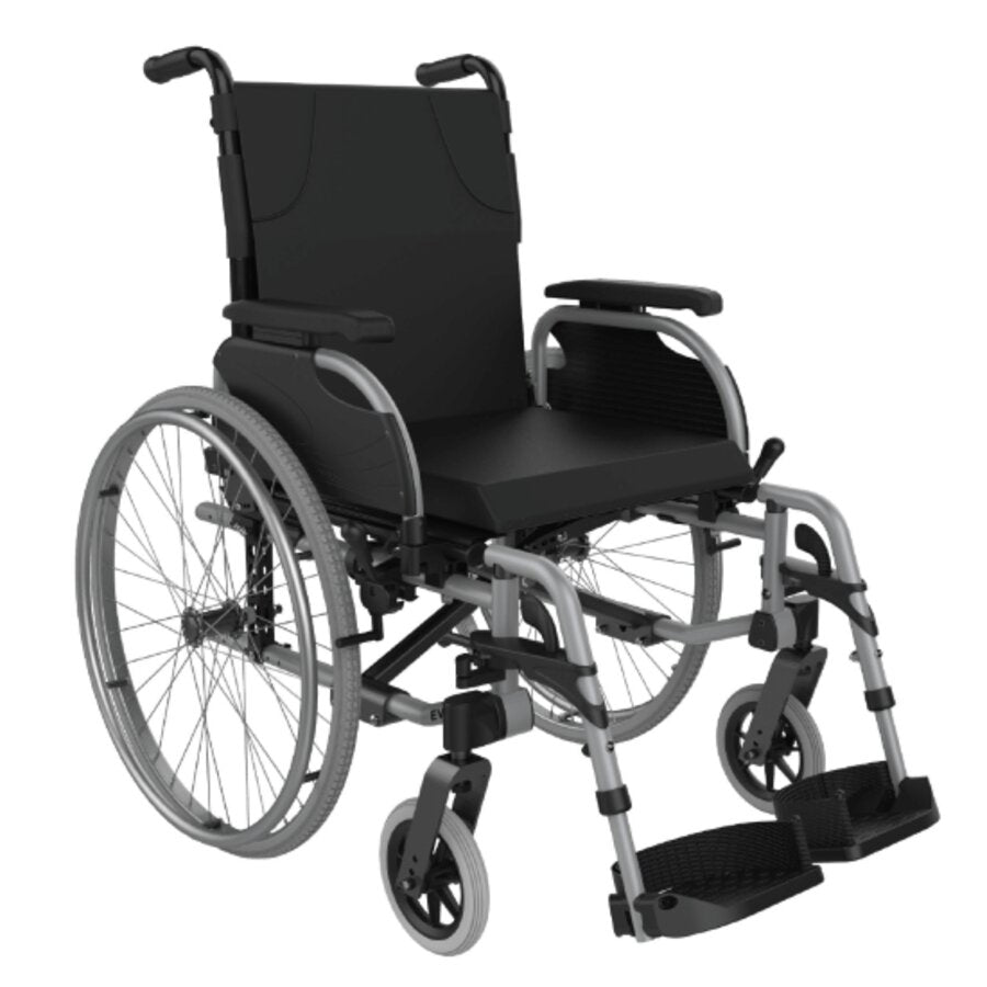 A black wheelchair with adjustable seat height and armrests, made of metal and plastic, with a visible seat belt mechanism.