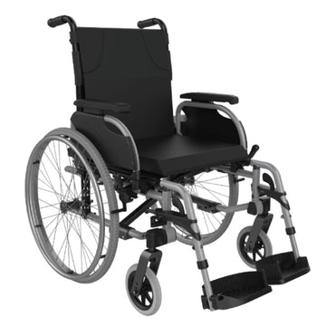 A black wheelchair with adjustable seat height and armrests, made of metal and plastic, with a visible seat belt mechanism.