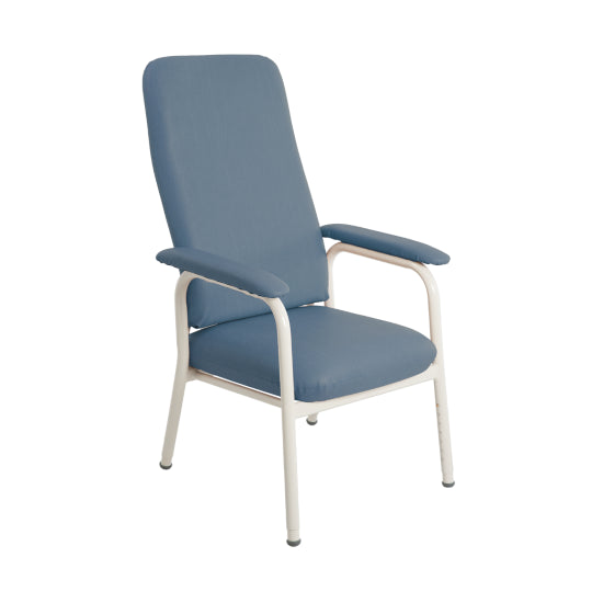 A grey high back classic day chair with a white frame and padded armrests and seat from Adaptive Equipment.