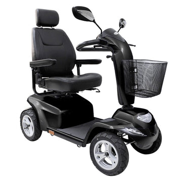 A black Aspire HS-898 mobility scooter with a large seat, front basket, and off-road wheels from Adaptive Equipment (Image 1).