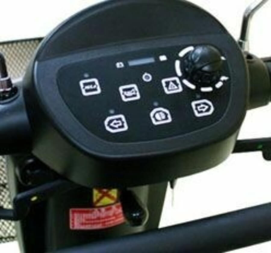 A black Aspire HS-898 mobility scooter with a large seat, front basket, and off-road wheels from Adaptive Equipment (Image 3).