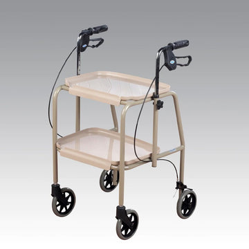A beige walker with large wheels, hand brakes, and clip-on plastic trays for carrying food or drinks.
