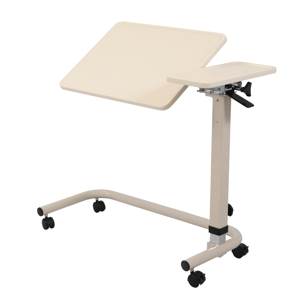 A beige over bed/chair table with a split top and adjustable height, featuring a C-shaped base on wheels from Adaptive Equipment (Image 2).