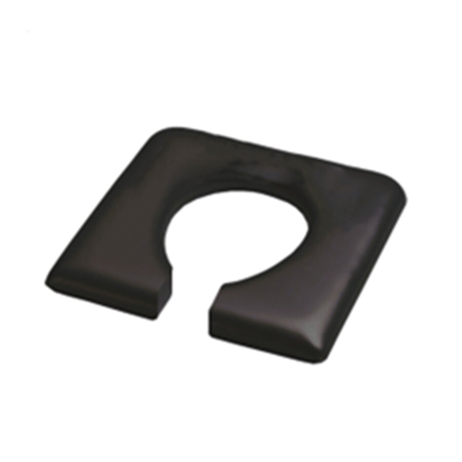 A black pressure reducing commode seat with a cutout in the center.