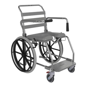 A self-propelled weight-bearing platform shower commode with a grey metal frame, black plastic armrests, and a black rubber footrest.