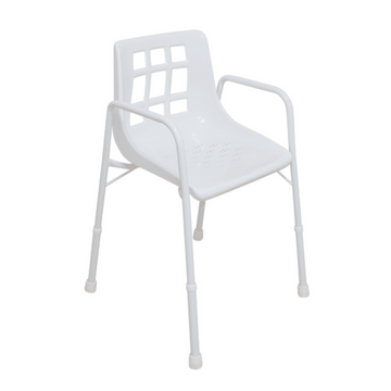A white shower chair with armrests and non-slip feet, designed for use in a shower setting.