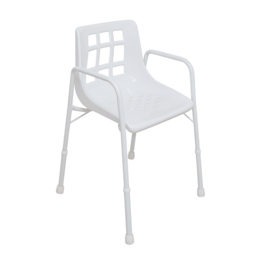 A white shower chair with armrests and non-slip feet, designed for use in a shower setting.