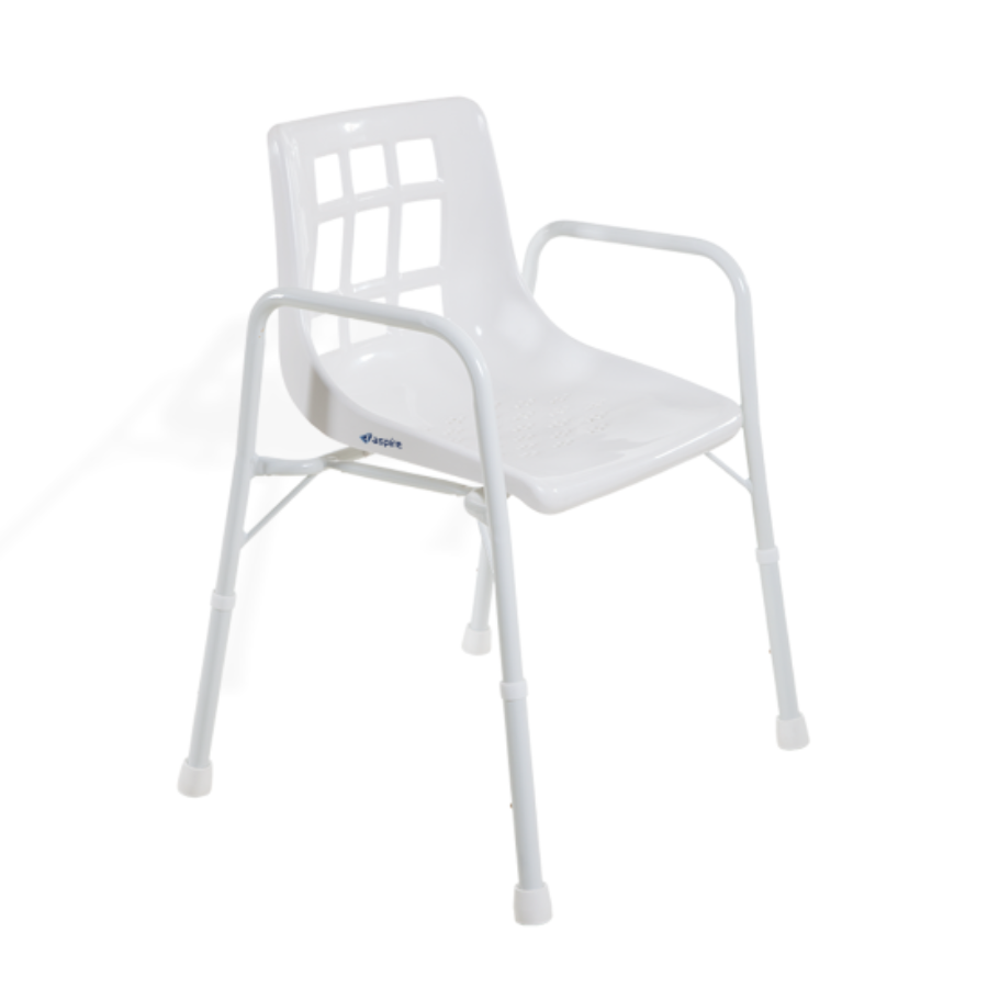 A white shower chair with armrests and non-slip feet, designed for use in a shower setting.