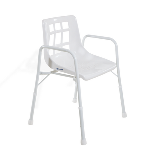 A white shower chair with armrests and non-slip feet, designed for use in a shower setting.