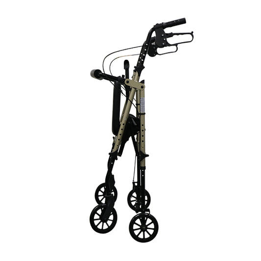 A lightweight champagne-colored walker with adjustable seat and handle heights, and 6 inch wheels (Image Two)
