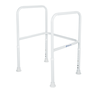 A white toilet safety frame with slip-resistant suction rubber tips and adjustable height legs from Adaptive Equipment.