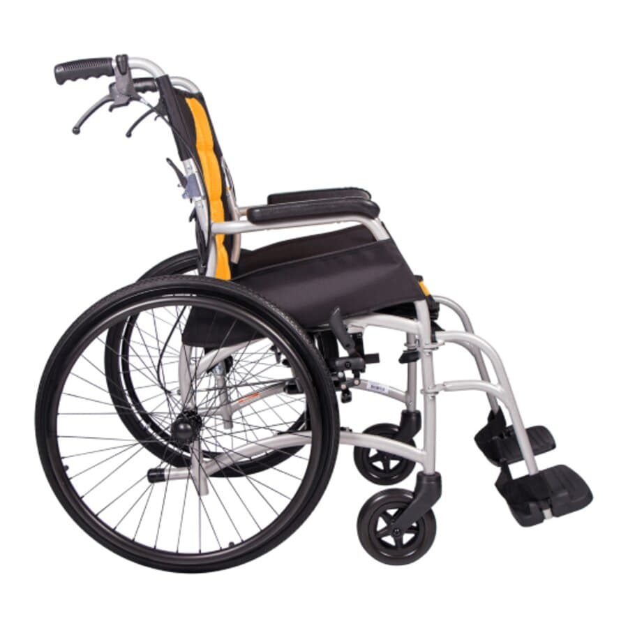 Manual wheelchair with a strong aluminum frame, black and orange seat and backrest upholstery, folding frame, and attendant-operated hand brakes (Image 2).