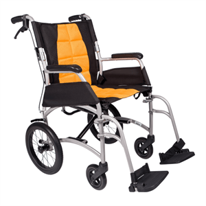 Manual wheelchair with a strong aluminum frame, black and orange seat and backrest upholstery, folding frame, and attendant-operated hand brakes (Image 3).