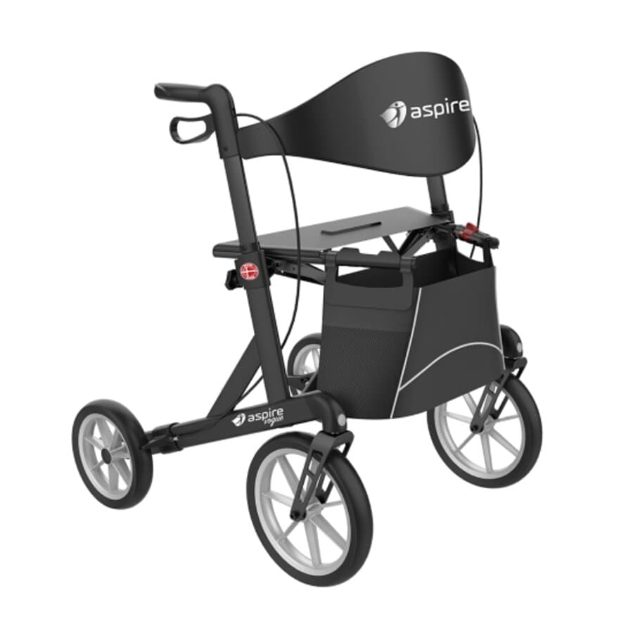 A black Aspire Vogue Adventure Walker with large wheels, a supportive seat, and handbrakes designed for stability and mobility.