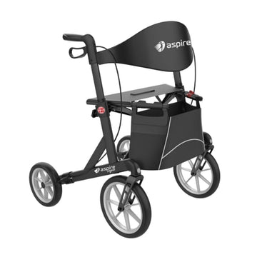 A black Aspire Vogue Adventure Walker with large wheels, a supportive seat, and handbrakes designed for stability and mobility.