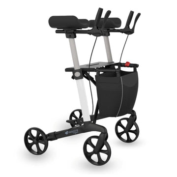 A black Aspire Vogue Forearm Walker with four wheels, ergonomic handles, and a basket.