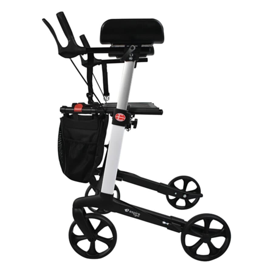 A black Aspire Vogue Forearm Walker with four wheels, ergonomic handles, and a basket (Image Two)