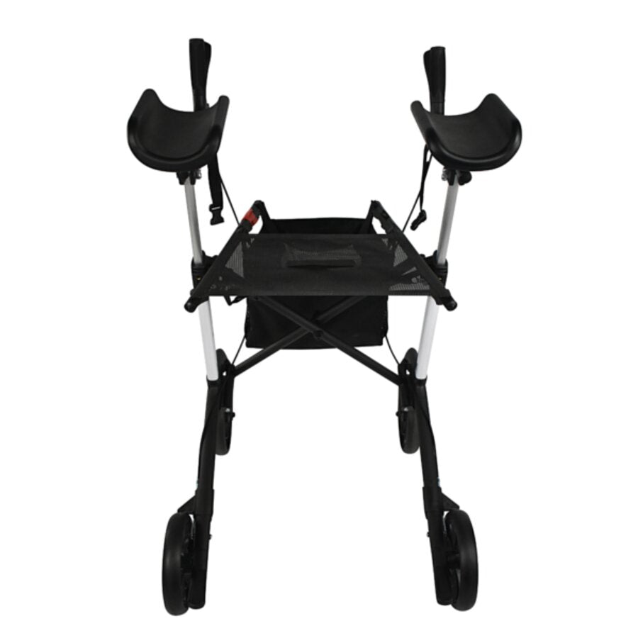 A black Aspire Vogue Forearm Walker with four wheels, ergonomic handles, and a basket (Image Three)