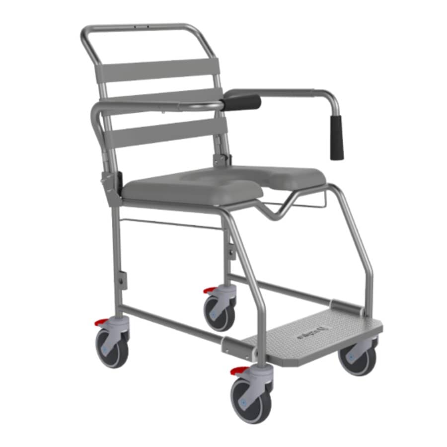 A gray metal frame shower commode with wheels, featuring a padded seat and backrest, and red foot pedals.