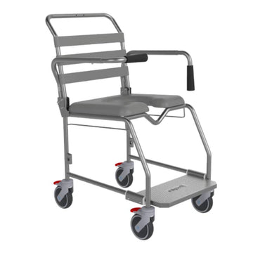 A gray metal frame shower commode with wheels, featuring a padded seat and backrest, and red foot pedals.