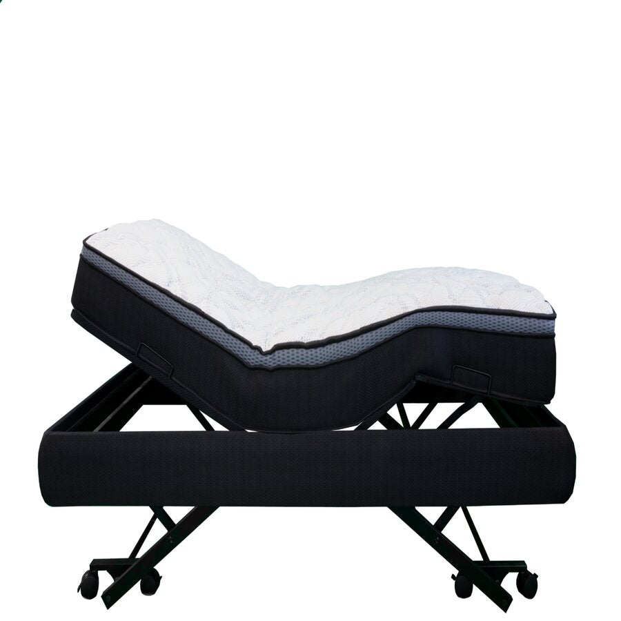 An adjustable hospital bed with black and gray colors, featuring a remote control on the side (Image 1).