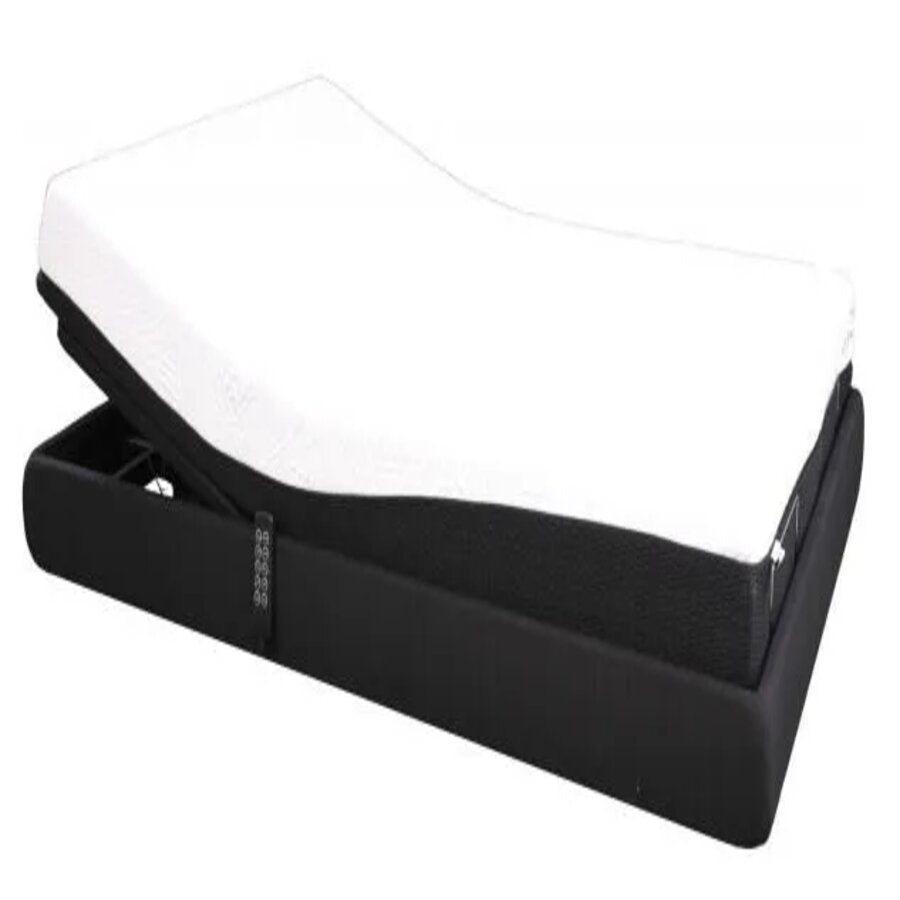 An adjustable hospital bed with black and gray colors, featuring a remote control on the side (Image 2).