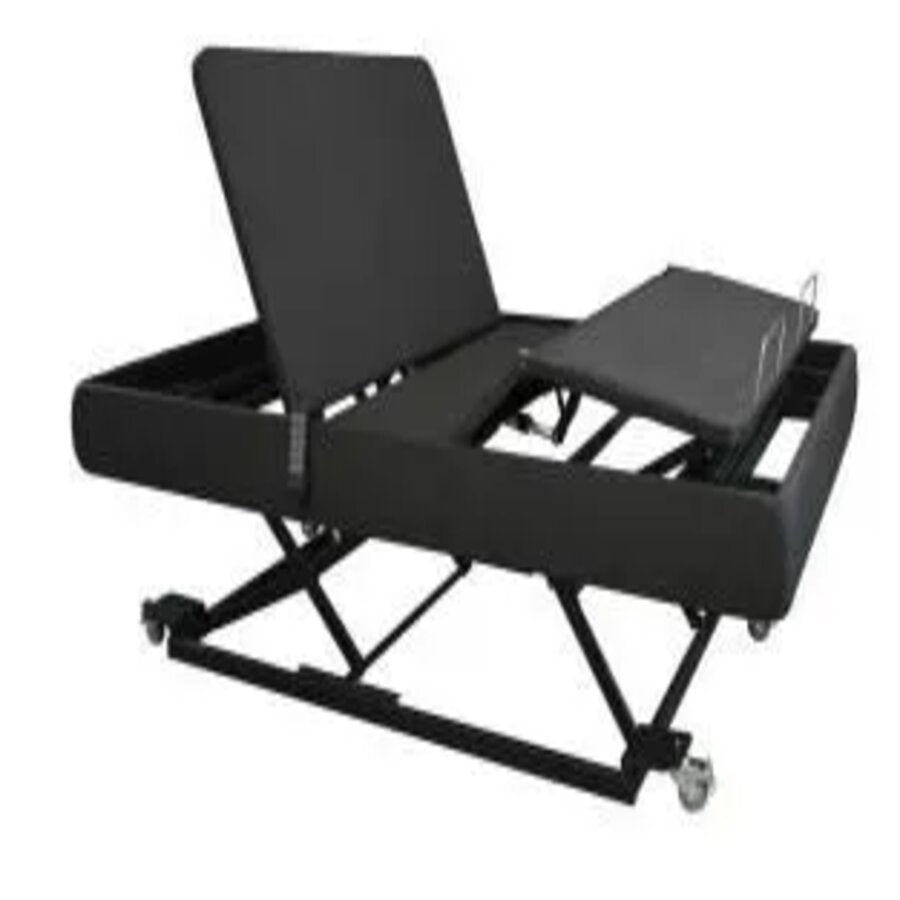 An adjustable hospital bed with black and gray colors, featuring a remote control on the side (Image 3).