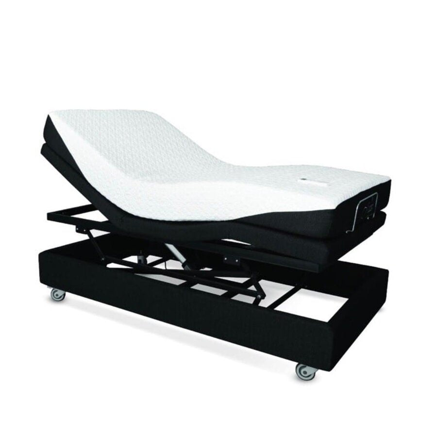 An adjustable electric hospital bed with a black steel frame and white padding, featuring a massage unit and wheels for mobility (Image 1).