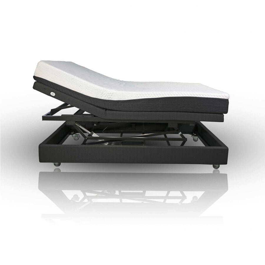 An adjustable electric hospital bed with a black steel frame and white padding, featuring a massage unit and wheels for mobility (Image 2).