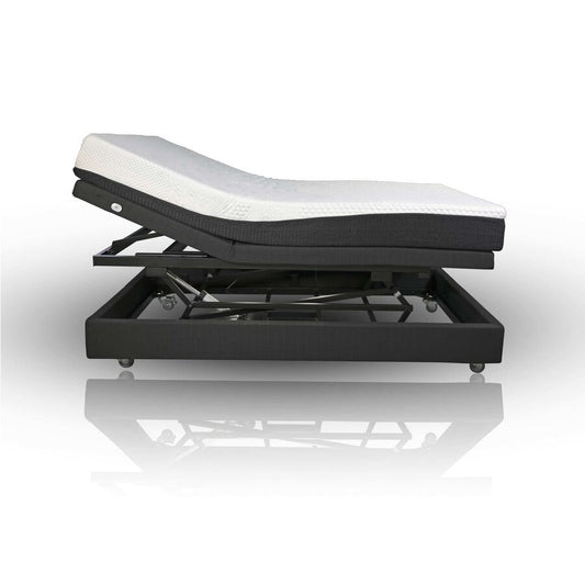 An adjustable electric hospital bed with a black steel frame and white padding, featuring a massage unit and wheels for mobility (Image 2).