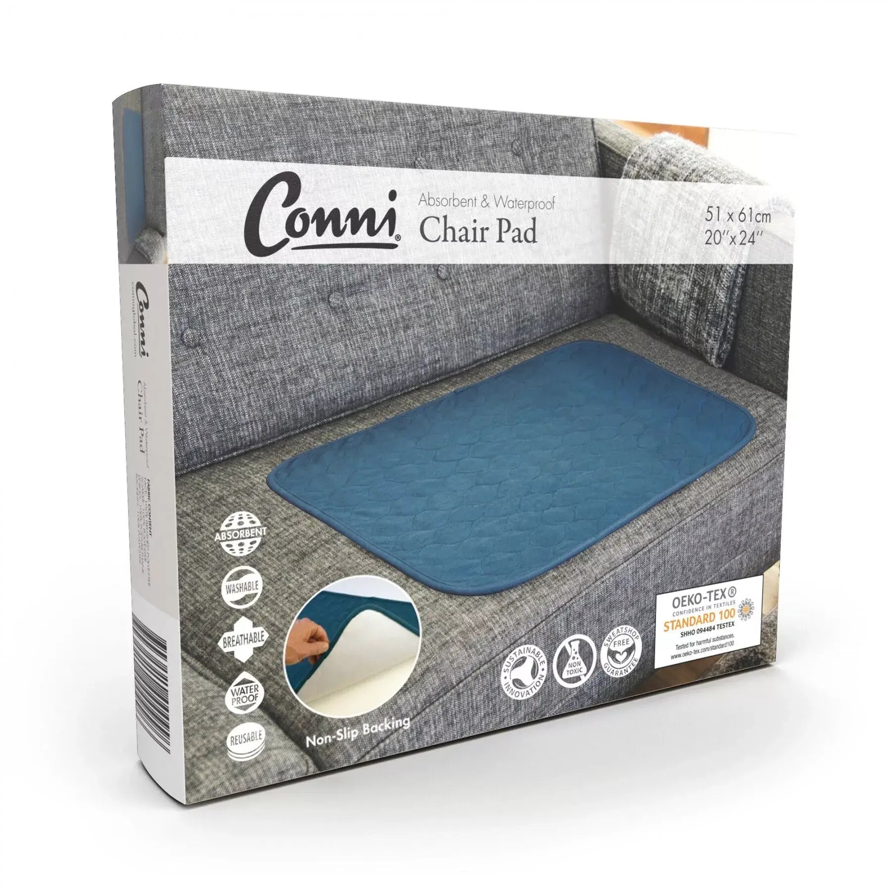 Packaging of Conni Chair Pad showing the product and its features, indicating that it is waterproof, non-slip, and machine-washable from Adaptive Equipment (Image 2).