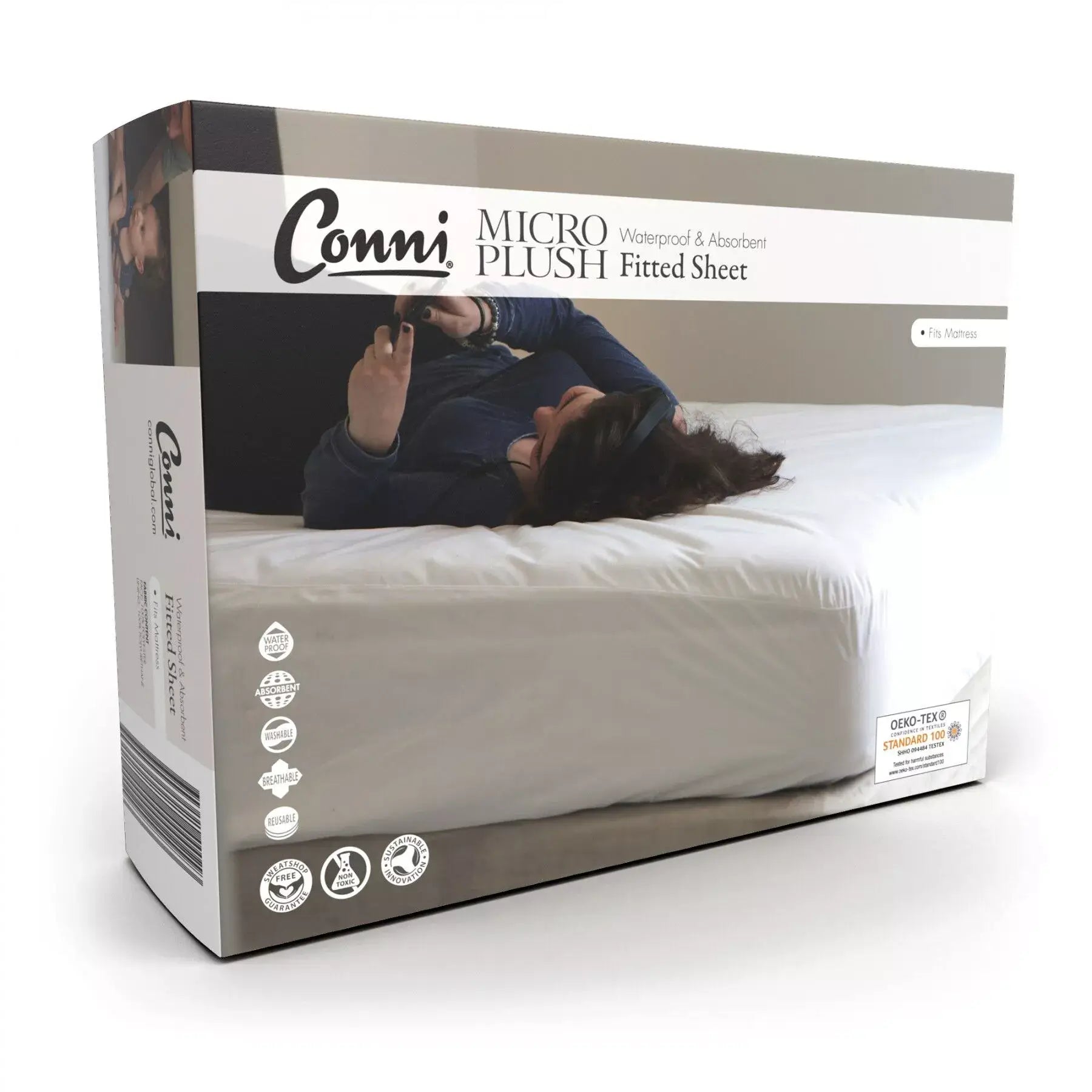 Packaging for CONNI waterproof fitted sheet, displaying the product as a plush mattress protector in a brown colour, suitable for a double bed from Adaptive Equipment (Image 2).