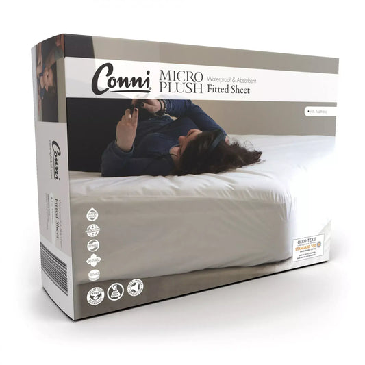 Packaging for CONNI waterproof fitted sheet, displaying the product as a plush mattress protector in a brown colour, suitable for a double bed from Adaptive Equipment (Image 2).