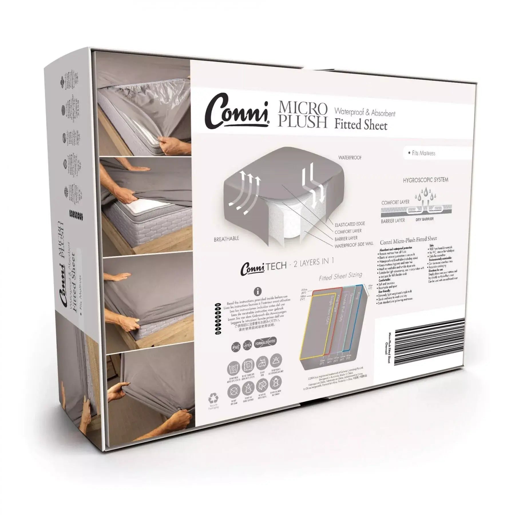 Packaging for CONNI waterproof fitted sheet, displaying the product as a plush mattress protector in a brown colour, suitable for a double bed from Adaptive Equipment (Image 3).
