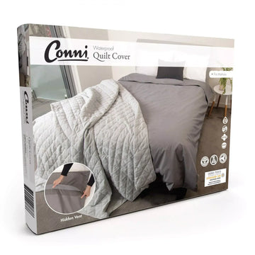 Packaging for CONNI Waterproof Quilt Protector, showing the product in use on a quilt and the brand's logo from Adaptive Equipment (Image 1).