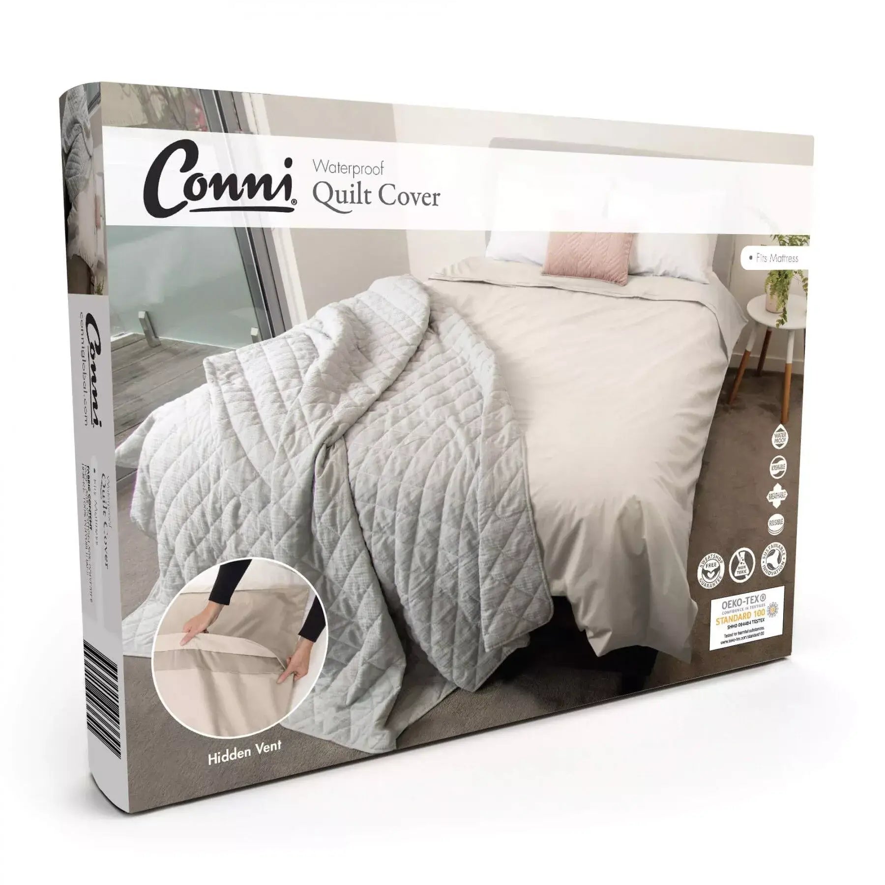 Packaging for CONNI Waterproof Quilt Protector, showing the product in use on a quilt and the brand's logo from Adaptive Equipment (Image 2).