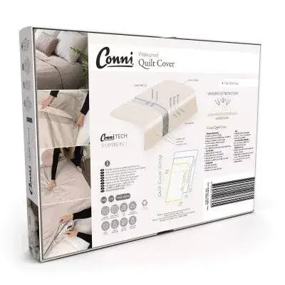 Packaging for CONNI Waterproof Quilt Protector, showing the product in use on a quilt and the brand's logo from Adaptive Equipment (Image 3).
