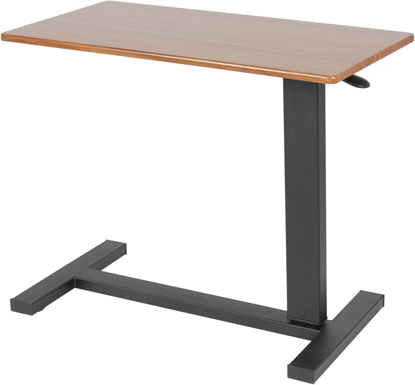 An adjustable overbed table with a flat top, featuring hidden castors and a stable H-shaped base, placed beside a bed from Adaptive Equipment (Image 2).
