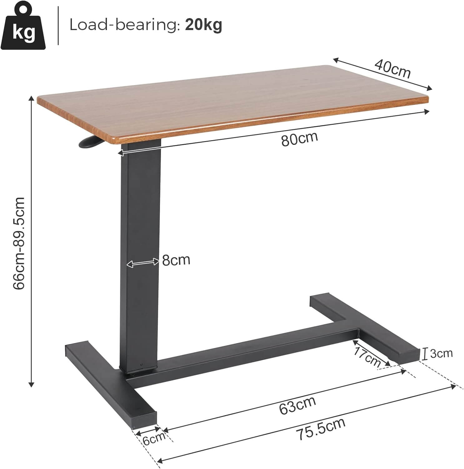 An adjustable overbed table with a flat top, featuring hidden castors and a stable H-shaped base, placed beside a bed from Adaptive Equipment (Image 3).