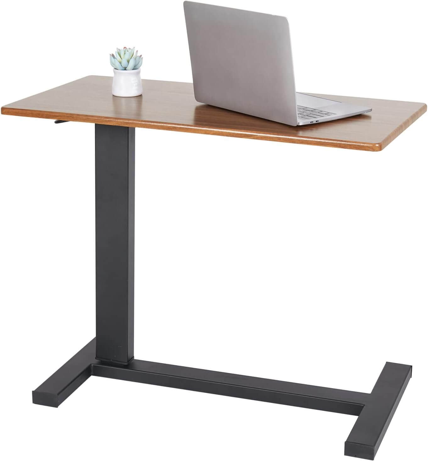 An adjustable overbed table with a flat top, featuring hidden castors and a stable H-shaped base, placed beside a bed from Adaptive Equipment (Image 4).