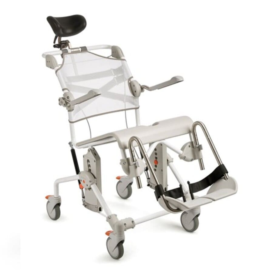 A white Etac Swift Mobil Tilt-2 shower commode chair with a black seat, arm supports, and footplate, set against a plain background (Image 2).