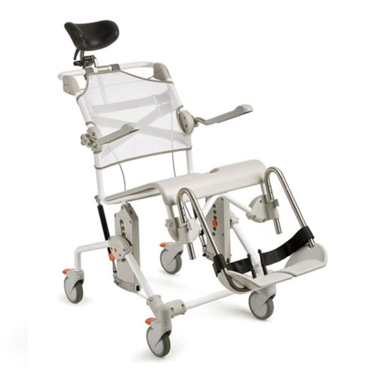 A white Etac Swift Mobil Tilt-2 shower commode chair with a black seat, arm supports, and footplate, set against a plain background (Image 2).