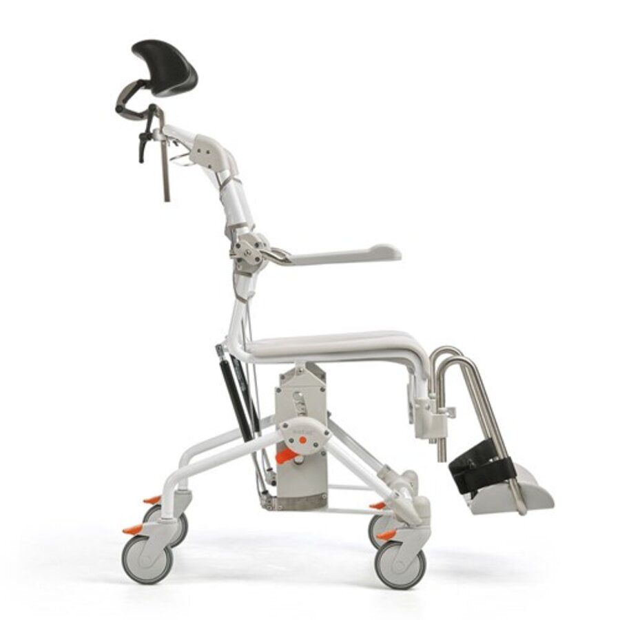 A white Etac Swift Mobil Tilt-2 shower commode chair with a black seat, arm supports, and footplate, set against a plain background (Image 3).