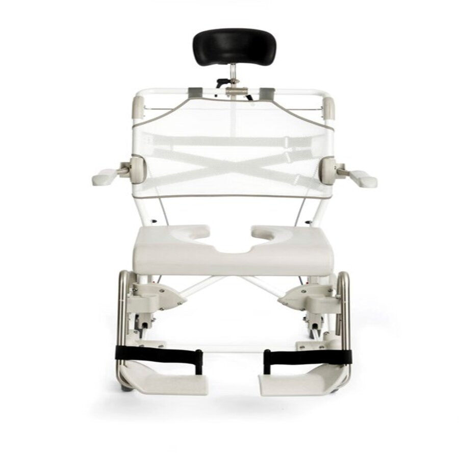A white Etac Swift Mobil Tilt-2 shower commode chair with a black seat, arm supports, and footplate, set against a plain background (Image 4).