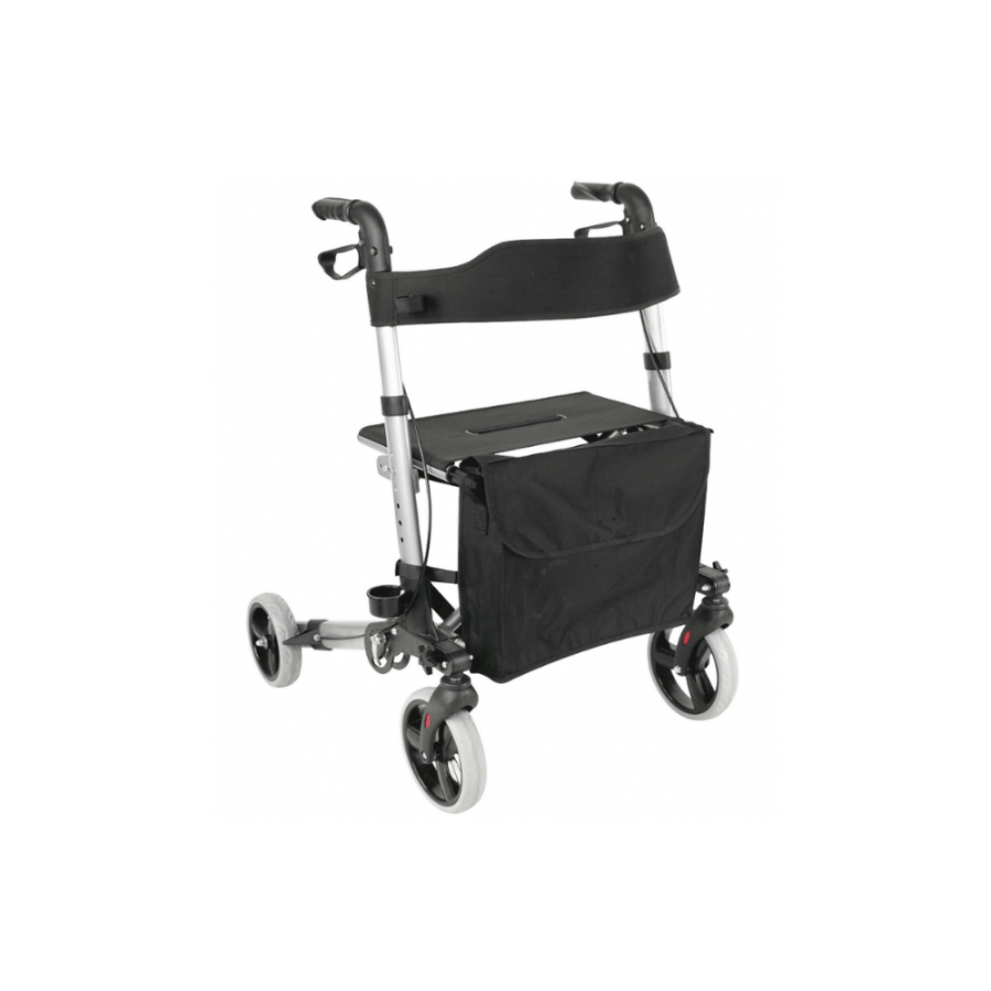 A black Freedom Mobyflex Folding Walker with a padded woven nylon sling backrest, adjustable handles, and a removable shoulder bag.