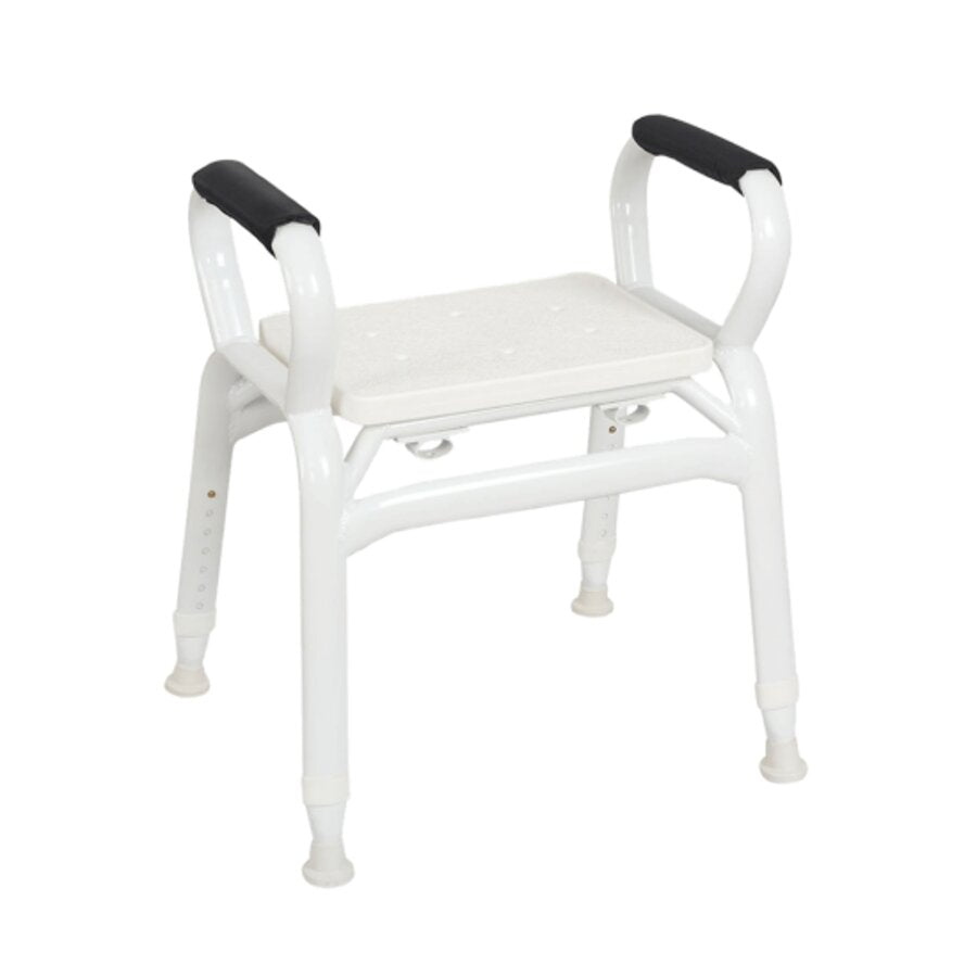A white shower stool with black accents and armrests, designed for use in a shower environment (Image 1).
