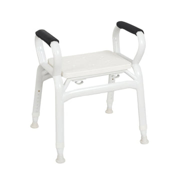 A white shower stool with black accents and armrests, designed for use in a shower environment (Image 1).
