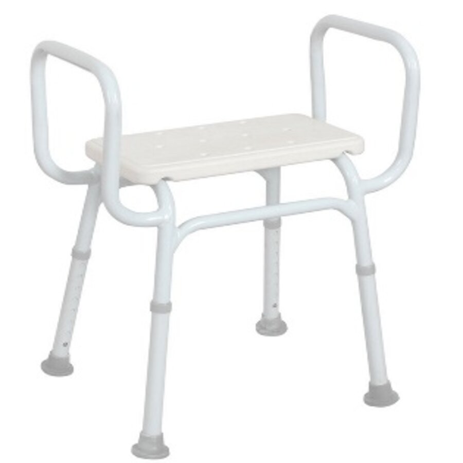A white shower stool with black accents and armrests, designed for use in a shower environment (Image 2).