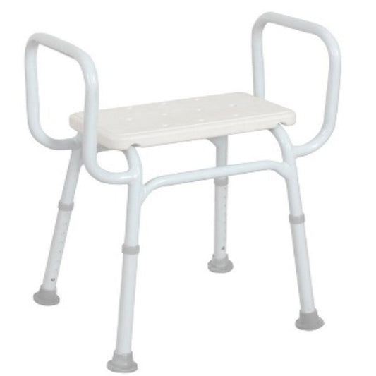 A white shower stool with black accents and armrests, designed for use in a shower environment (Image 2).