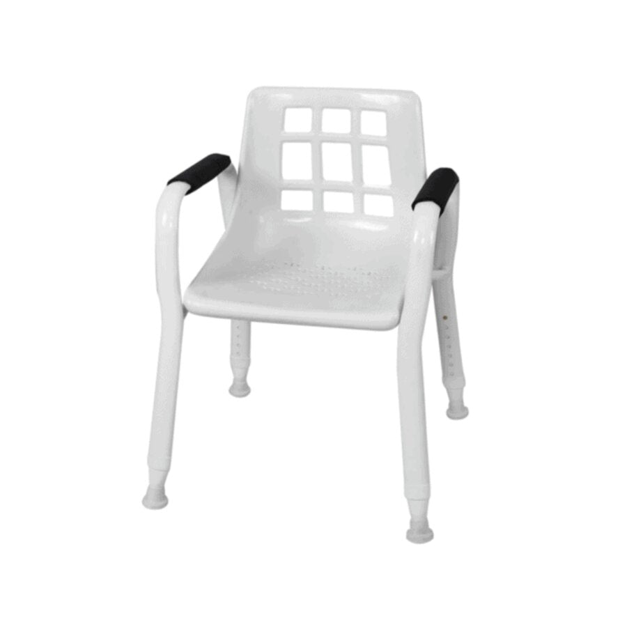 A white oval tube shower chair with a perforated plastic seat, metal frame, and adjustable height legs (Image 1).